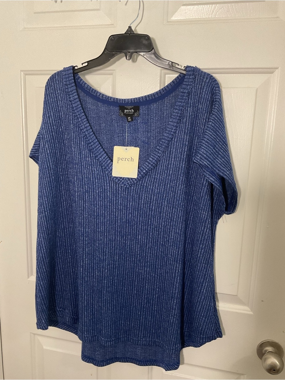 Perch by Blu Pepper 2X Blue Ribbed V Neck Knit Top Oversized - Picture 2 of 6